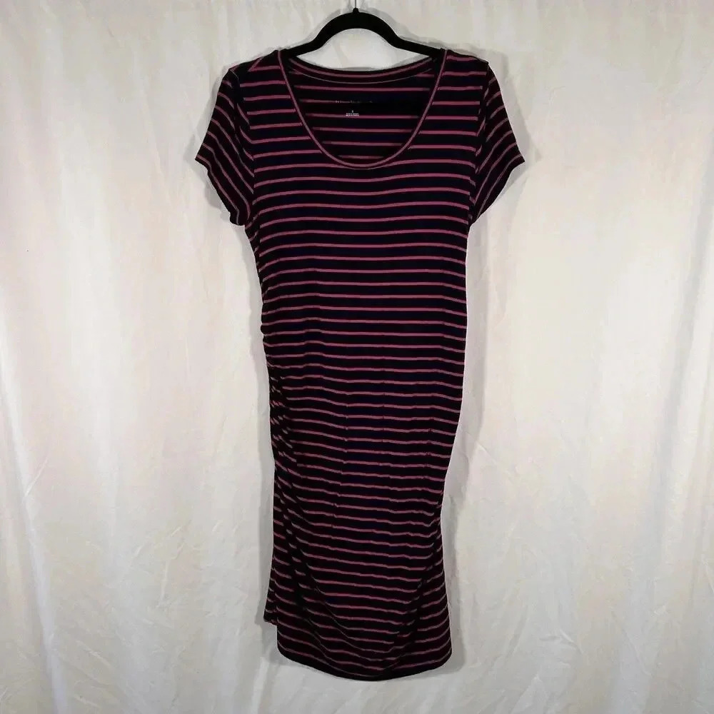 Liz Lange Maternity Dress Womens Small Blue Pink Striped Round Neck Short Sleeve